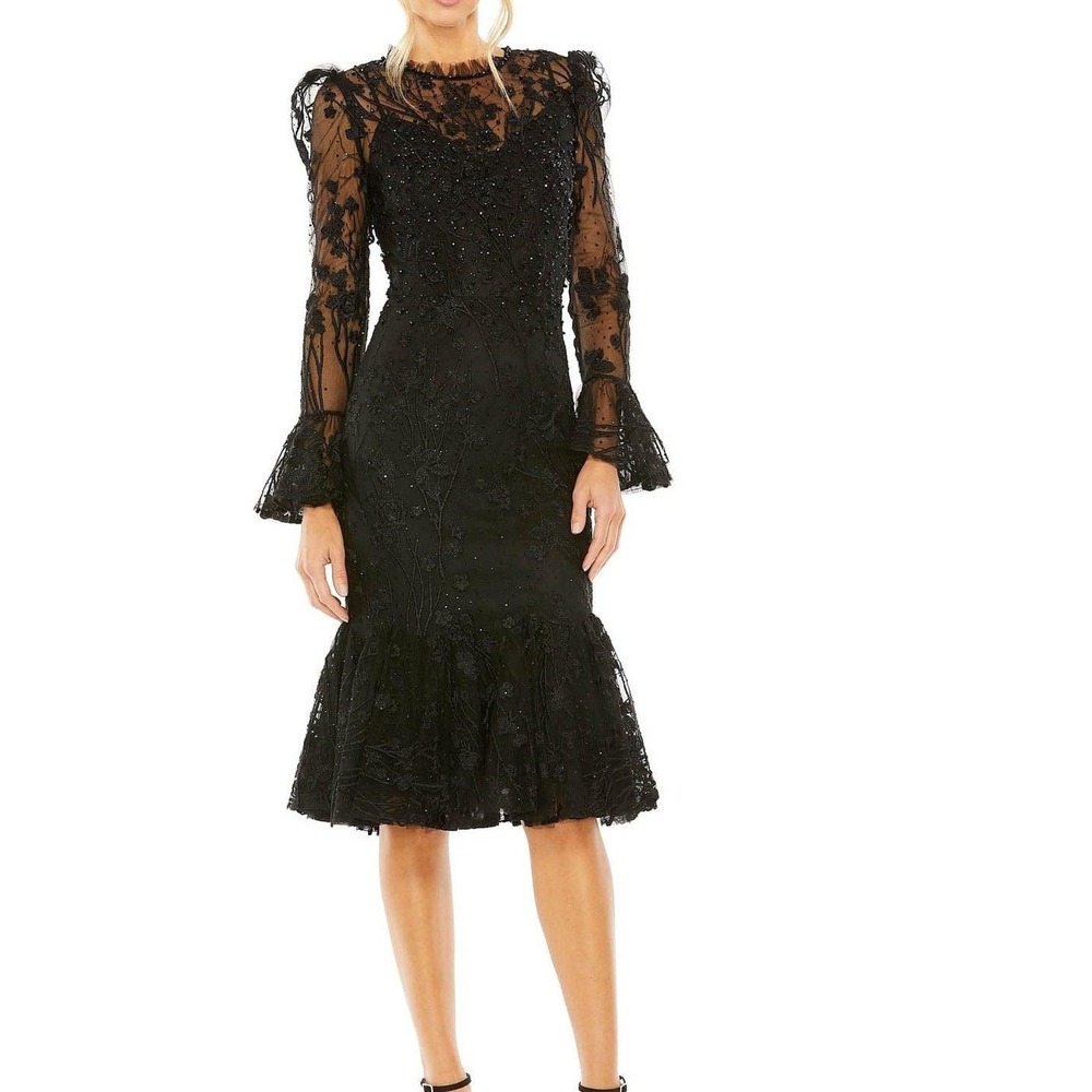 Mac Duggal 20431 Black Beaded Lace Long Sleeve Cocktail Dress Womens 12 NWT
